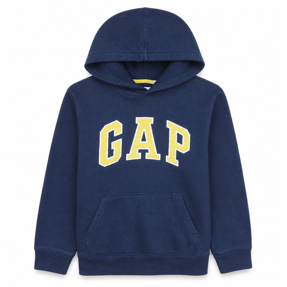 Front view of Gap boys’ blue pullover hoodie, size 10, years logo fleece sweatshirt