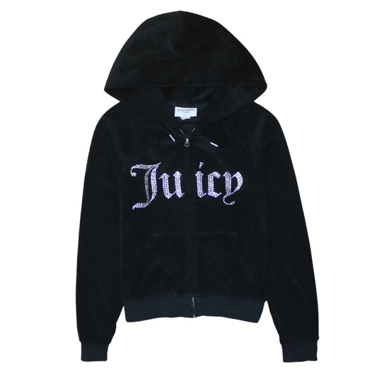 Juicy Couture Women's Black Velour Full Zip Hoodie Size S Rhinestone Logo