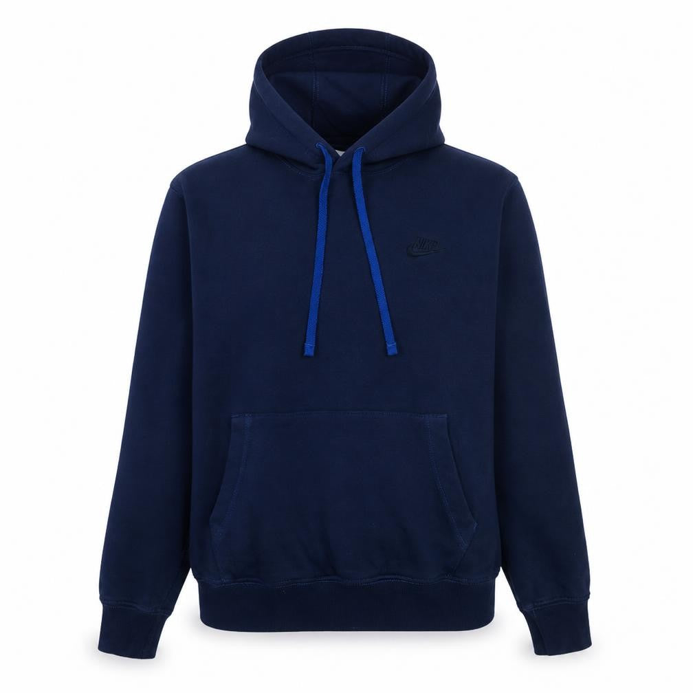 Front view of Nike Men's Blue Pullover Hoodie, size S, Logo Fleece Sweatshirt