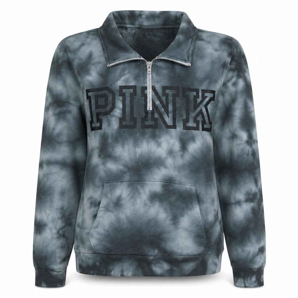 Victoria’s Secret PINK Girls Grey Tie-Dye 1/2 Zip Fleece Sweatshirt Size L