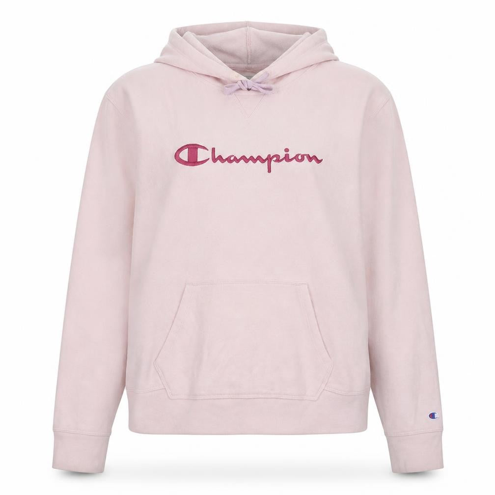 Front view of Champion women’s pink pullover hoodie xxl embroidered logo