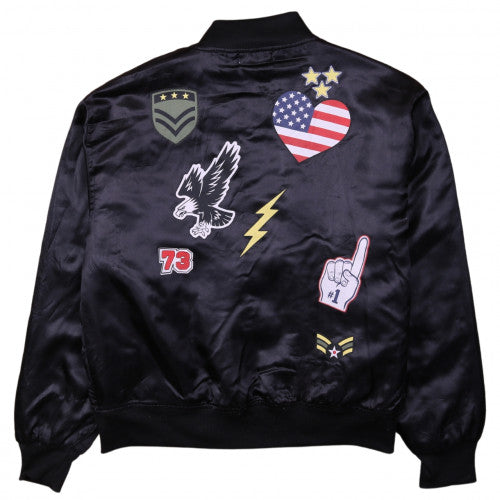Love Tribe Womens Black Bomber Jacket L Polyester Patches Casual