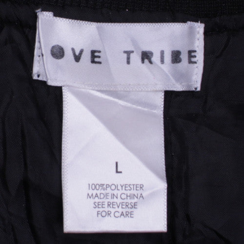 Love Tribe Womens Black Bomber Jacket L Polyester Patches Casual