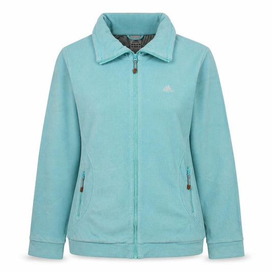 Front view of Adidas women’s blue fleece full zip jacket, size UK 14