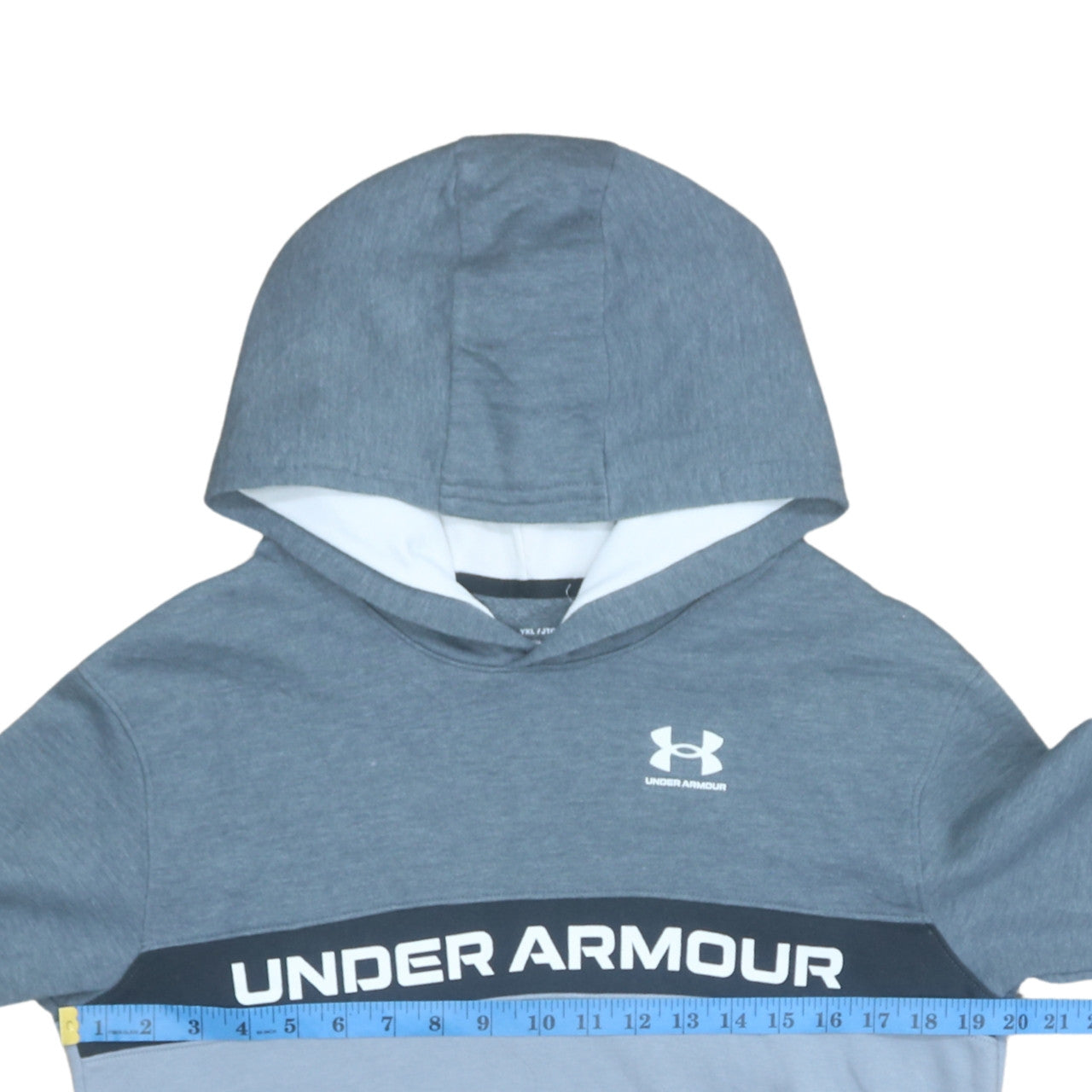 Under Armour Boys Blue Pullover Hoodie XL Colourblock Logo Fleece