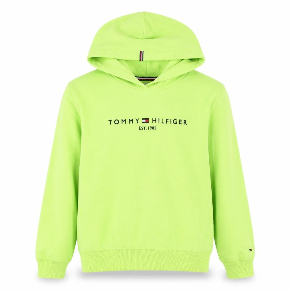 Front view of Tommy Hilfiger boys’ yellow pullover hoodie, size 176, embroidered logo