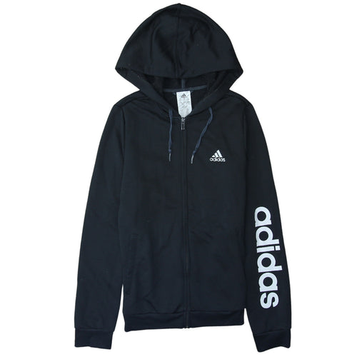Adidas Women Black Full Zip Hoodie Small Logo Print Casual Sportswear