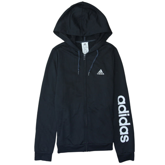 Adidas Women Black Full Zip Hoodie Small Logo Print Casual Sportswear