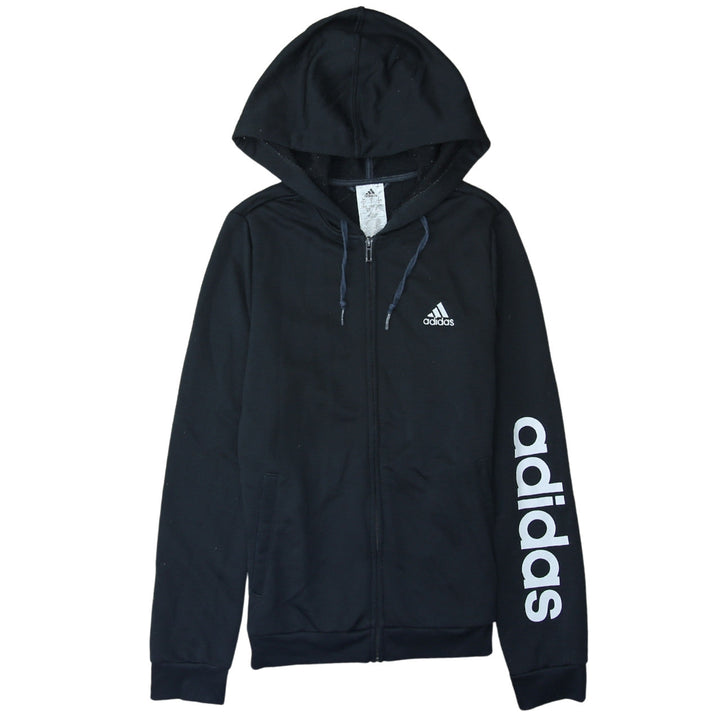 Adidas Women Black Full Zip Hoodie Small Logo Print Casual Sportswear