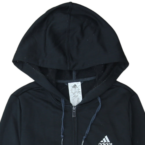 Adidas Women Black Full Zip Hoodie Small Logo Print Casual Sportswear