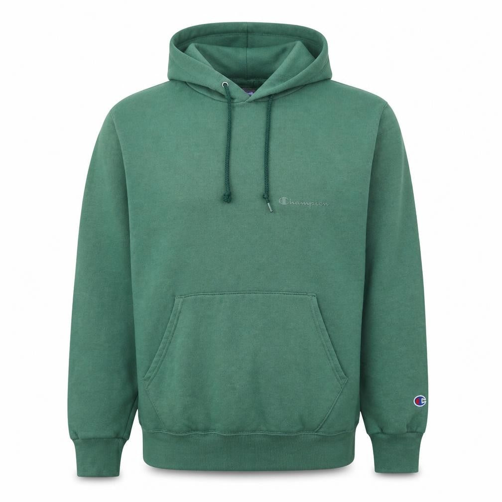 Front view of Champion Men's Green Pullover Hoodie M Regular Fit Fleece Sweatshirt