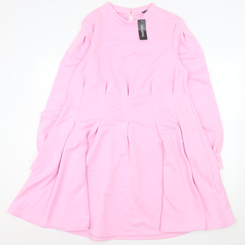 Boohoo Women Pink Fit & Flare Long Sleeve Knee Length Dress Size 18