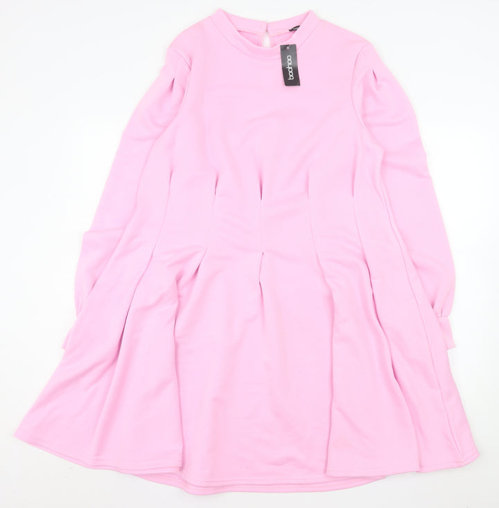 Boohoo Women Pink Fit & Flare Long Sleeve Knee Length Dress Size 18
