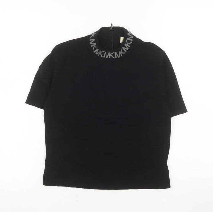 Michael Kors Women's Black Mock Neck Short Sleeve Stretch Top L