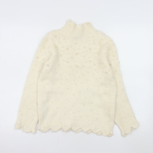 ZARA Women's Ivory Beaded Mock Neck Knit Jumper Size 12