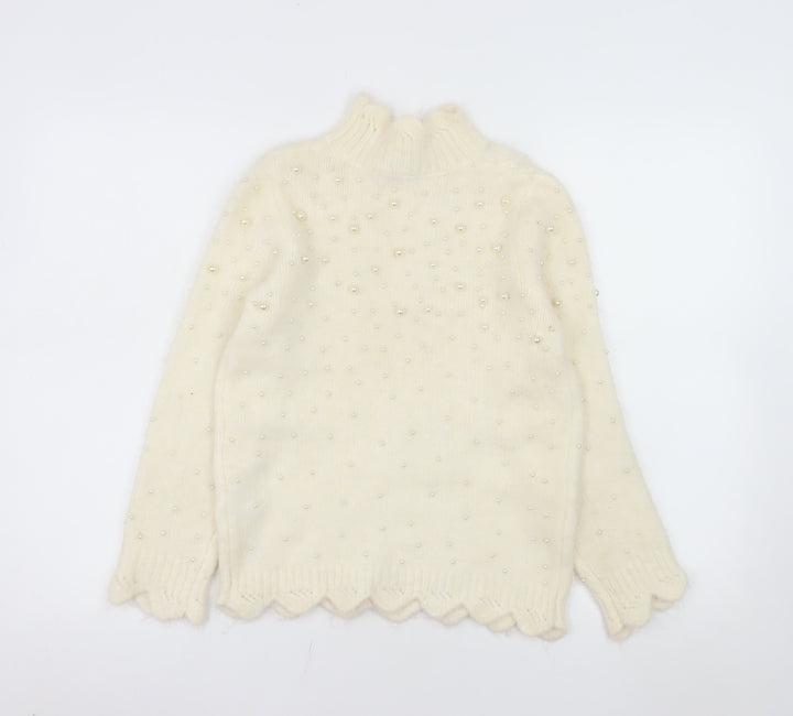 ZARA Women's Ivory Beaded Mock Neck Knit Jumper Size 12