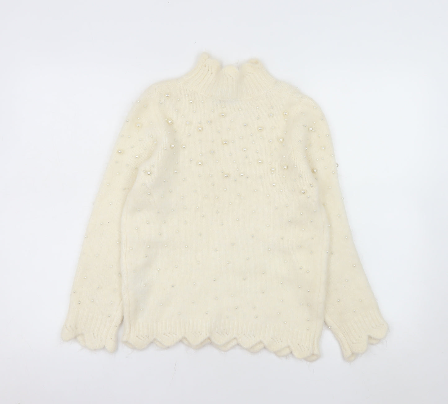ZARA Women's Ivory Beaded Mock Neck Knit Jumper Size 12