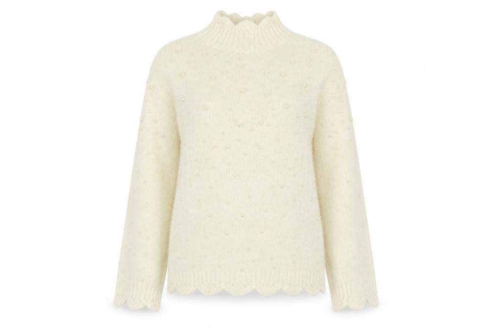 Front view of Zara Women's Ivory Beaded Mock Neck Knit Jumper, size 12