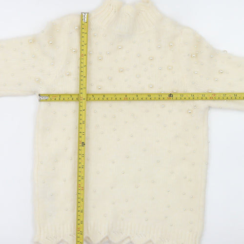 ZARA Women's Ivory Beaded Mock Neck Knit Jumper Size 12