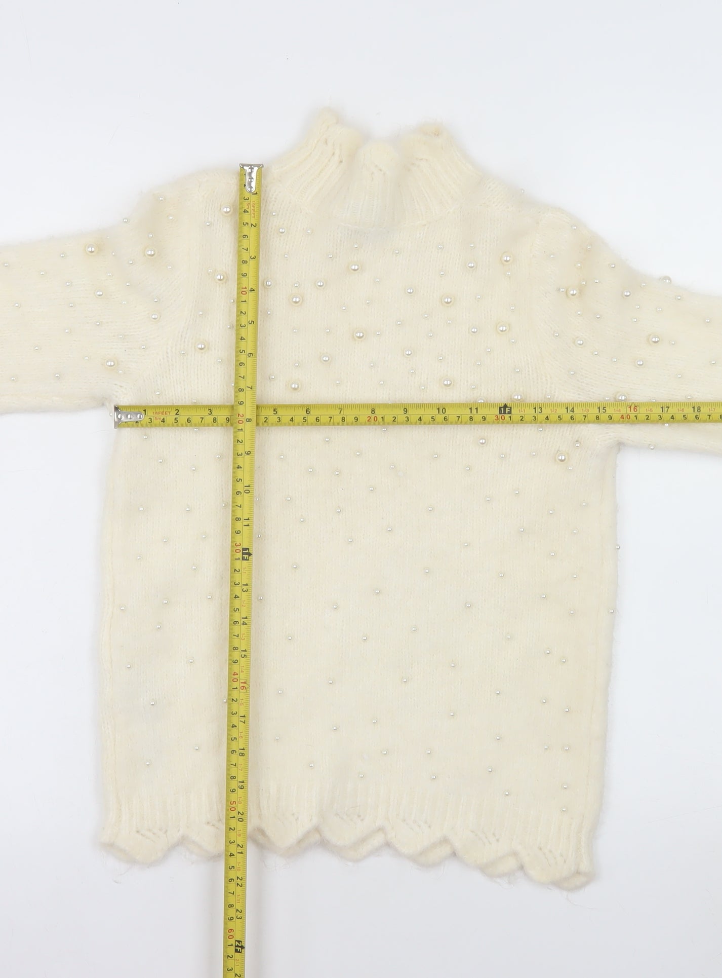 ZARA Women's Ivory Beaded Mock Neck Knit Jumper Size 12