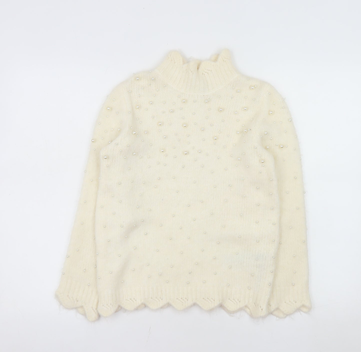 ZARA Women's Ivory Beaded Mock Neck Knit Jumper Size 12