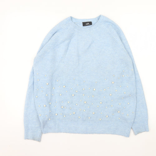 Wallis Women's Blue Beaded Knit Crew Neck Pullover Jumper Size S