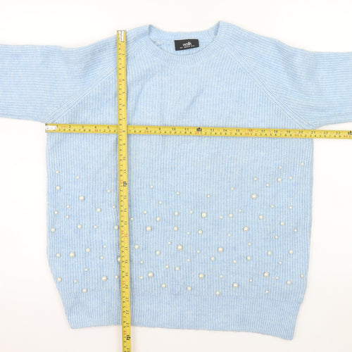 Wallis Women's Blue Beaded Knit Crew Neck Pullover Jumper Size S