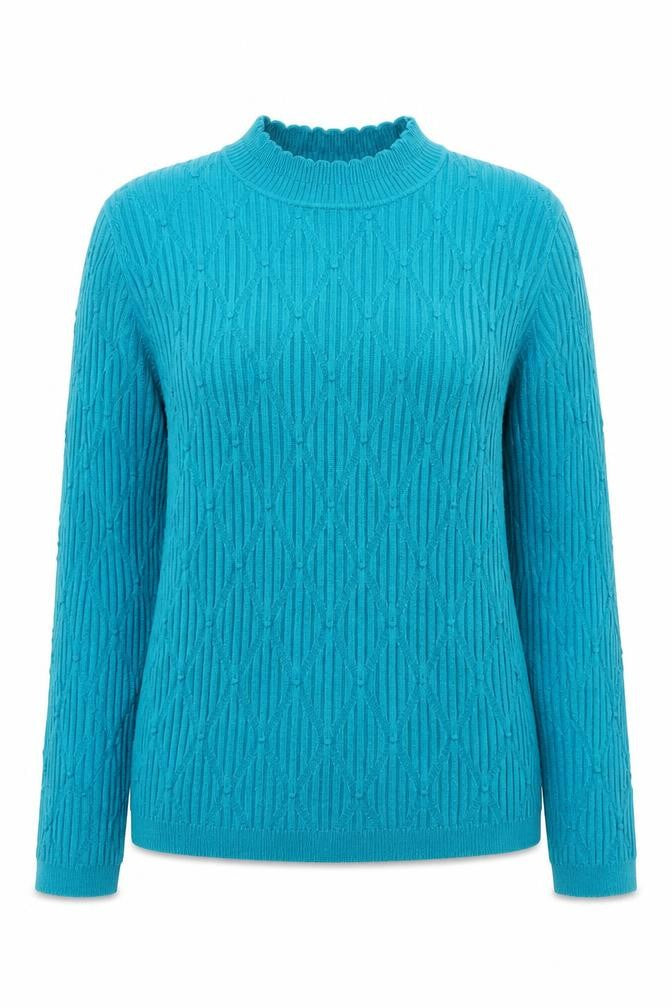 Front view of Isle Essentials Women Blue M Cable-Knit Acrylic jumper