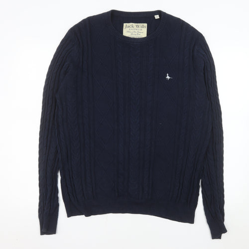 Jack Wills Men's Blue Cable-Knit Cotton Crew Neck Jumper Size M