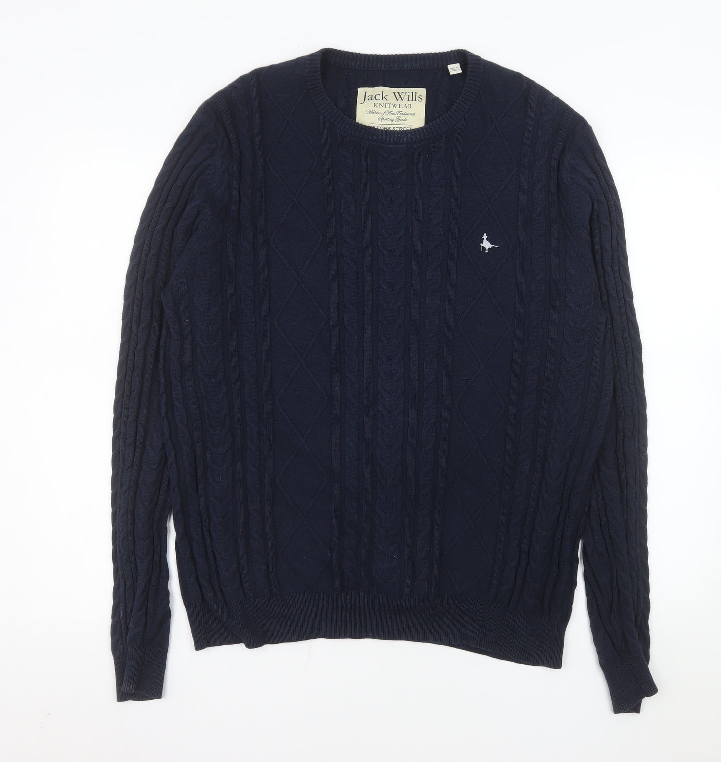Jack Wills Men's Blue Cable-Knit Cotton Crew Neck Jumper Size M