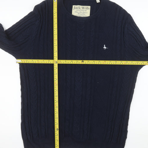 Jack Wills Men's Blue Cable-Knit Cotton Crew Neck Jumper Size M