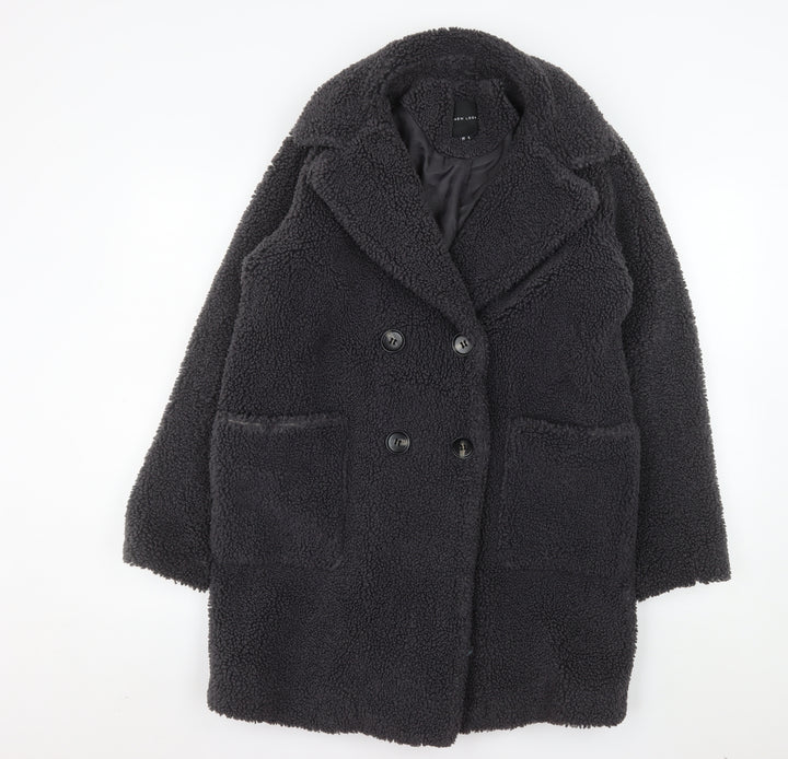 New Look Women's Black Teddy Coat Size 8 Double Breasted Mid-Length