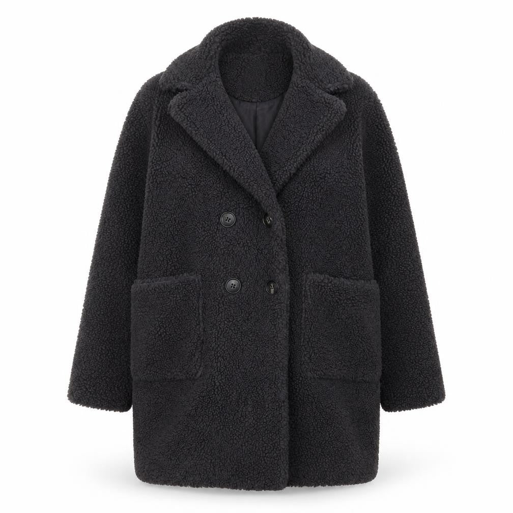 Front view of New Look Women's Black Teddy Coat, size 8, Double Breasted Mid-Length