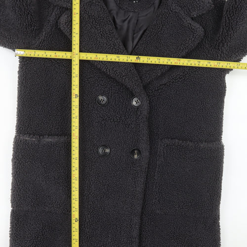 New Look Women's Black Teddy Coat Size 8 Double Breasted Mid-Length