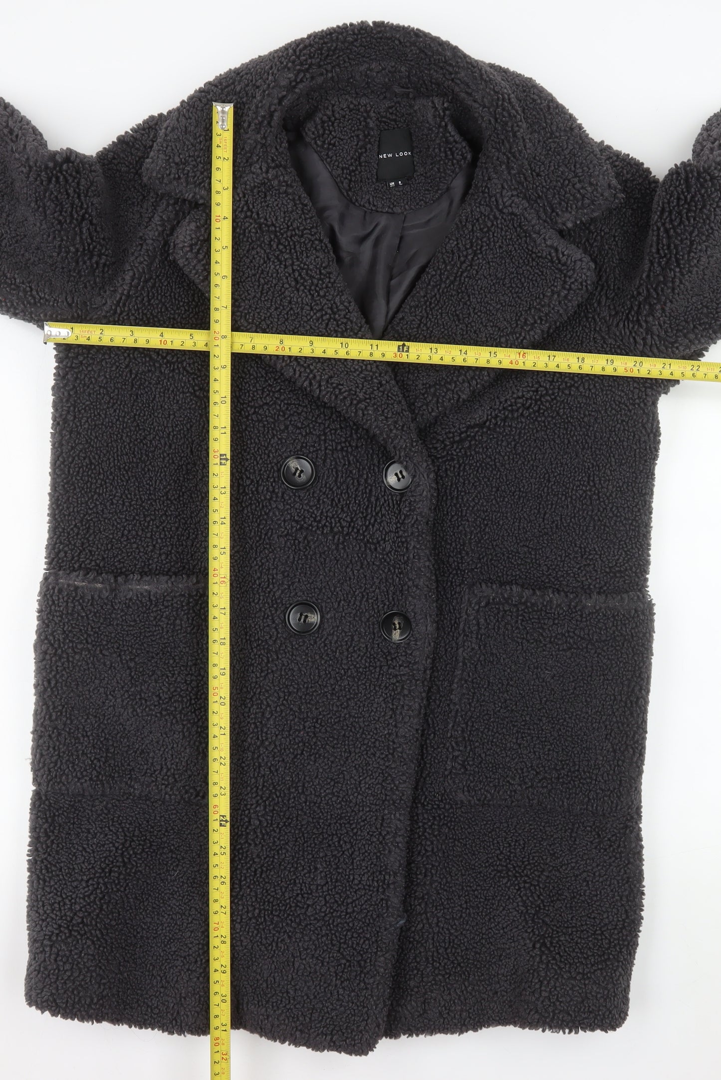 New Look Women's Black Teddy Coat Size 8 Double Breasted Mid-Length