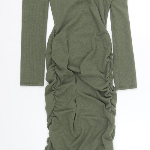 PrettyLittleThing Women’s Green Long Sleeve Ruched Bodycon Midi Dress Size 8
