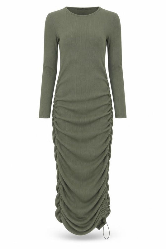 Front view of PRETTYLITTLETHING Women’s Green Long Sleeve Ruched Bodycon Midi Dress, size UK 8