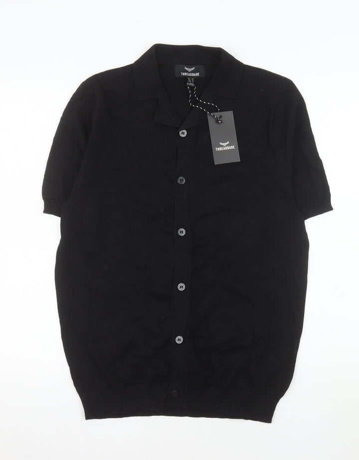 Threadbare Men's Black Cotton Button-Up Short Sleeve Knit Shirt M