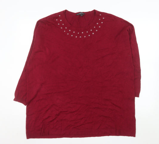 Bonmarché Women's Red Studded 3/4 Sleeve Knit Blouse Size 22