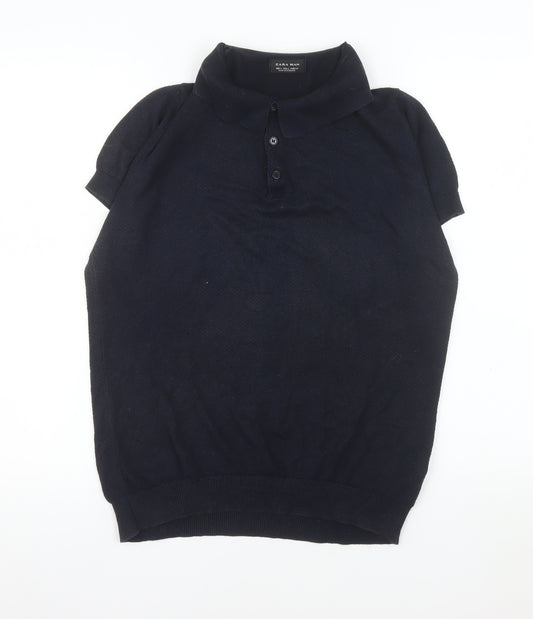 Zara Man Black Cotton Short Sleeve Polo Shirt L Regular Fit