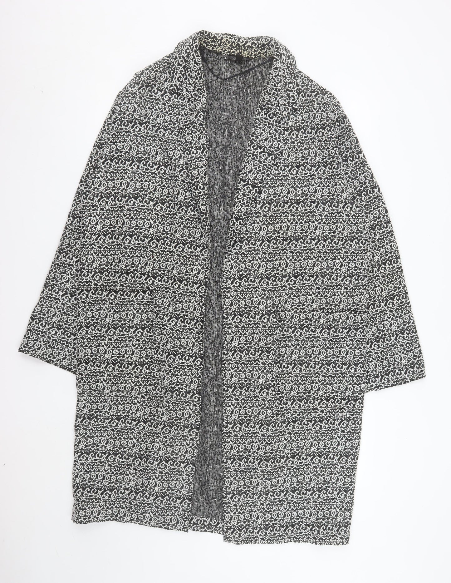 Topshop Women's Black Geometric Coatigan Size 14 Open Front Mid-Length