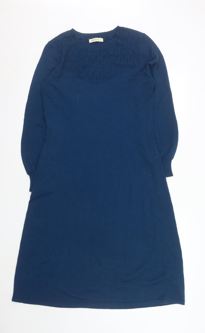 Woolovers Women Blue Merino Wool Long Sleeve A-Line Knit Dress M