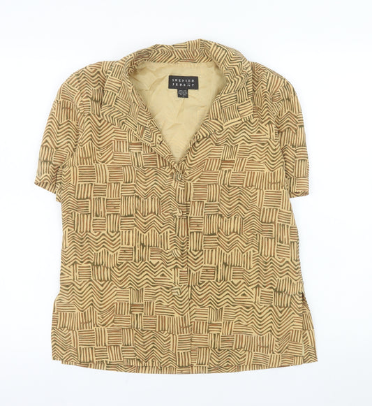 Spenser Jeremy Women’s Beige Silk Geometric Short Sleeve Blouse Size 8