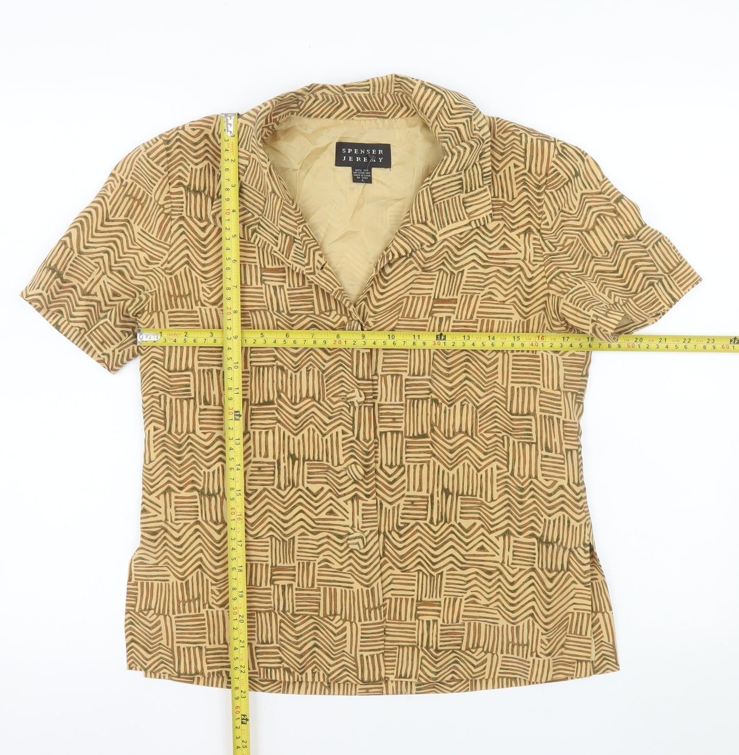 Spenser Jeremy Women’s Beige Silk Geometric Short Sleeve Blouse Size 8