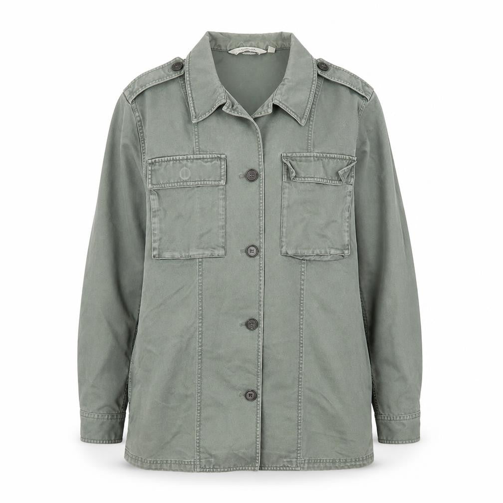 Front view of & Other Stories women’s green cotton military jacket, size UK 10