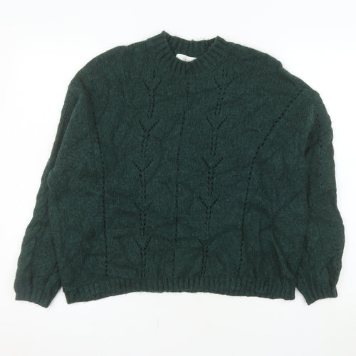 Marks and Spencer Women Green L Cable-Knit Wool Cotton Jumper