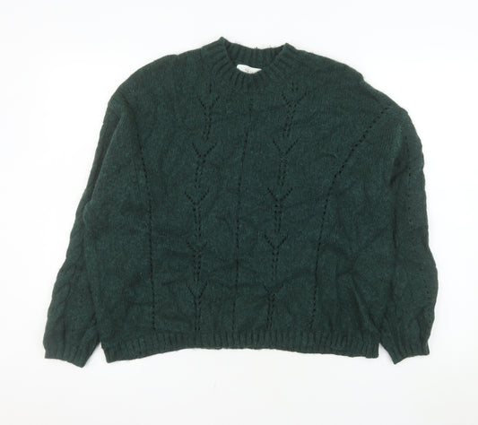 Marks and Spencer Women Green L Cable-Knit Wool Cotton Jumper