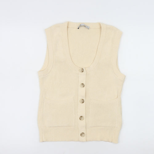 ZARA Women Beige Sleeveless Cardigan Knit Button S