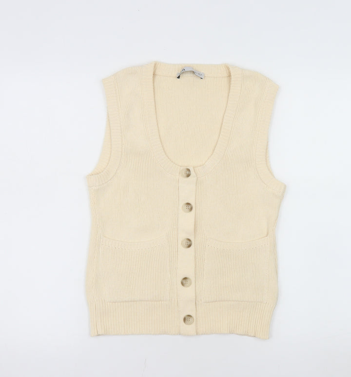 ZARA Women Beige Sleeveless Cardigan Knit Button S