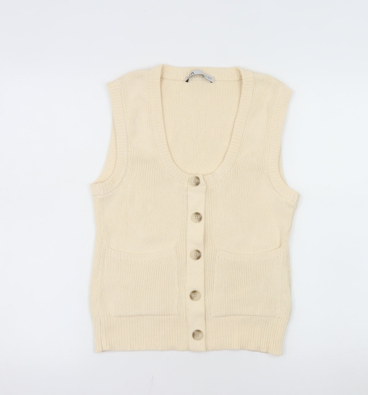ZARA Women Beige Sleeveless Cardigan Knit Button S
